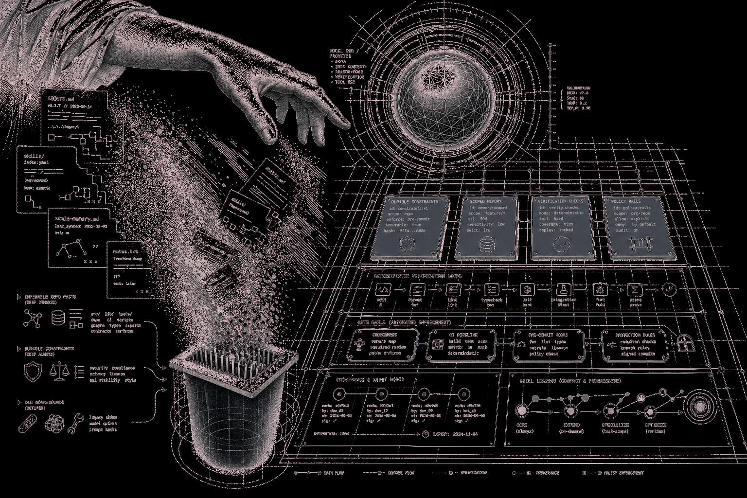 Black engraved operator hand deleting obsolete AGENTS.md and skills panels while durable constraints, checks, and review evidence remain in a transparent repository map